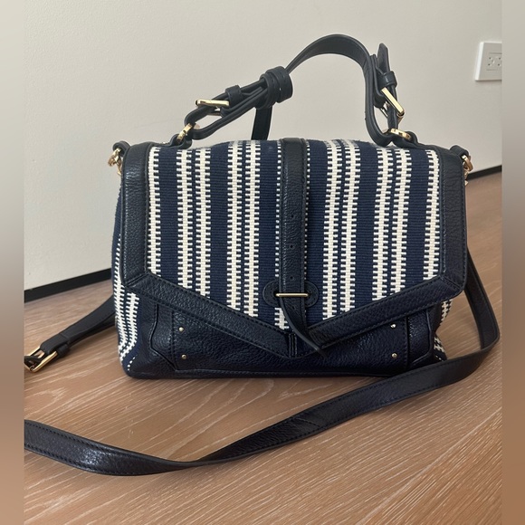 TORY BURCH Medium 797 Satchel | Navy Blue & Cream Woven Satchel - Picture 11 of 12